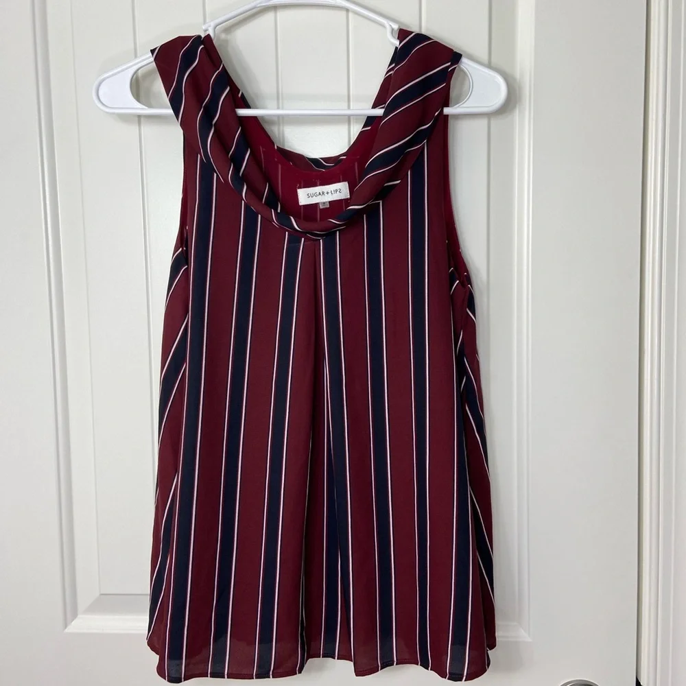 Sugar‎ + Lips women’s maroon navy cowl neck sleeveless lined layered blouse tank
